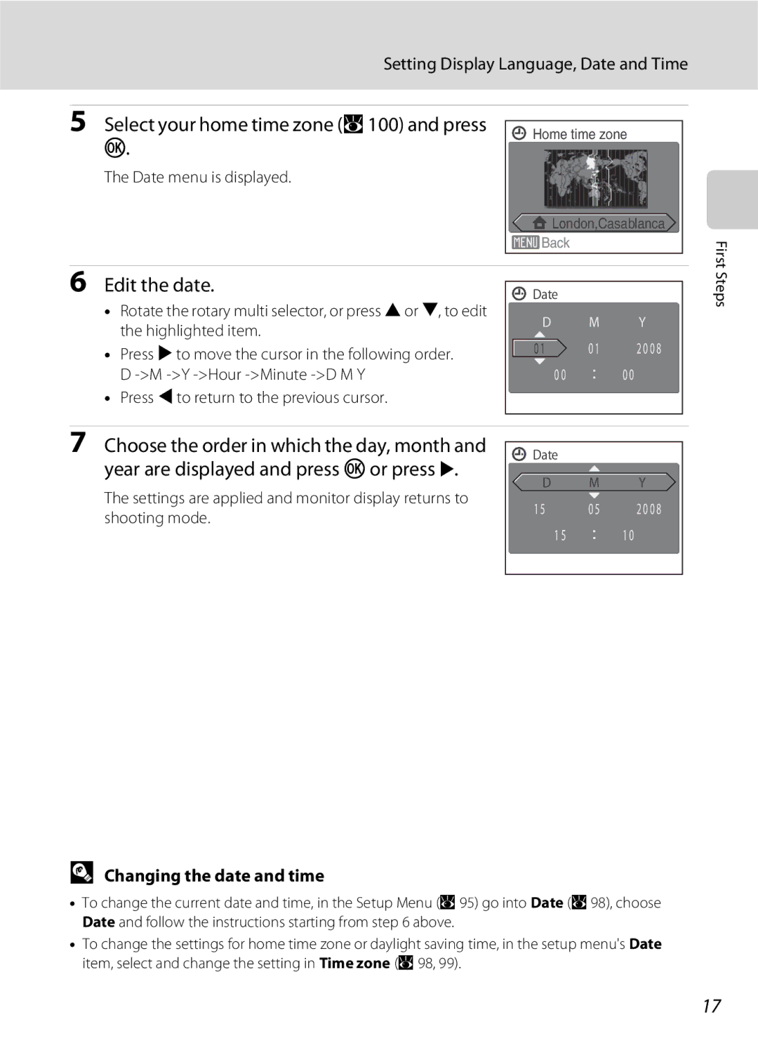 Nikon S600 user manual Select your home time zone a 100 and press k, Edit the date, Setting Display Language, Date and Time 