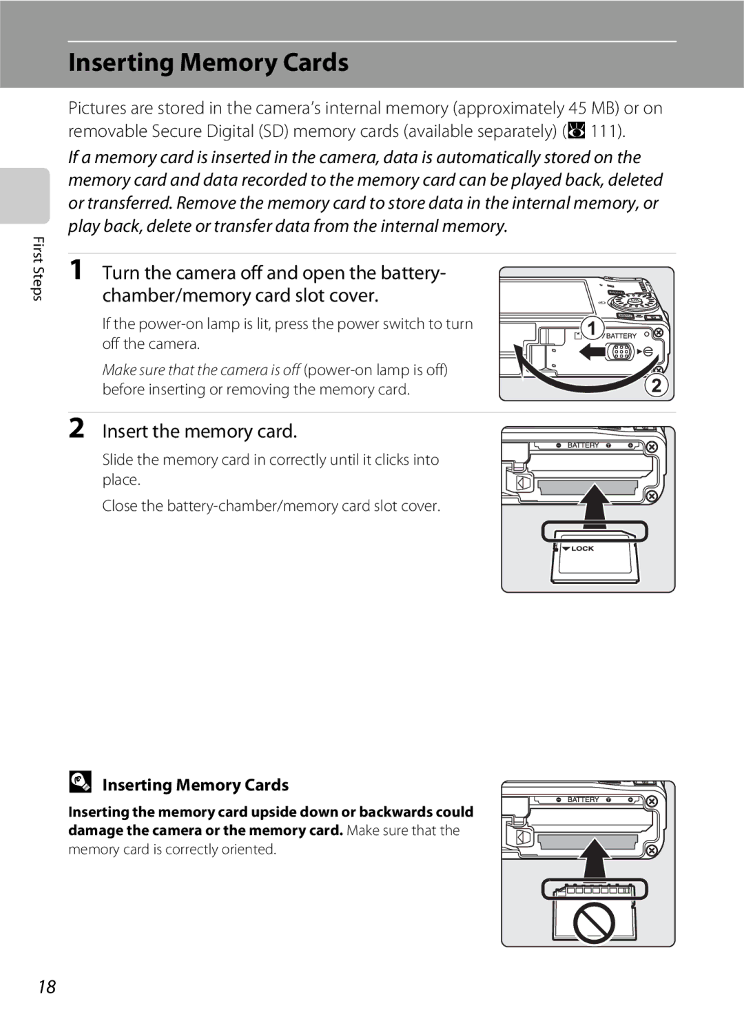 Nikon S600 user manual Inserting Memory Cards, Insert the memory card 