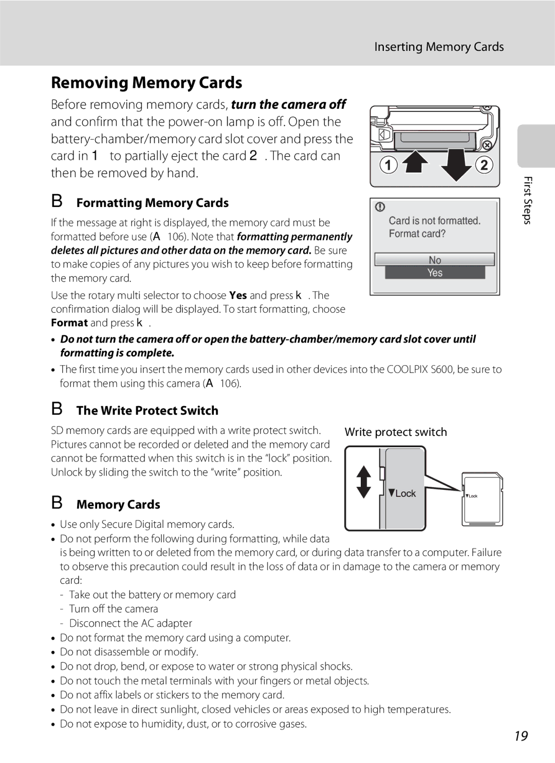 Nikon S600 user manual Removing Memory Cards, Inserting Memory Cards, Formatting Memory Cards, Write Protect Switch 