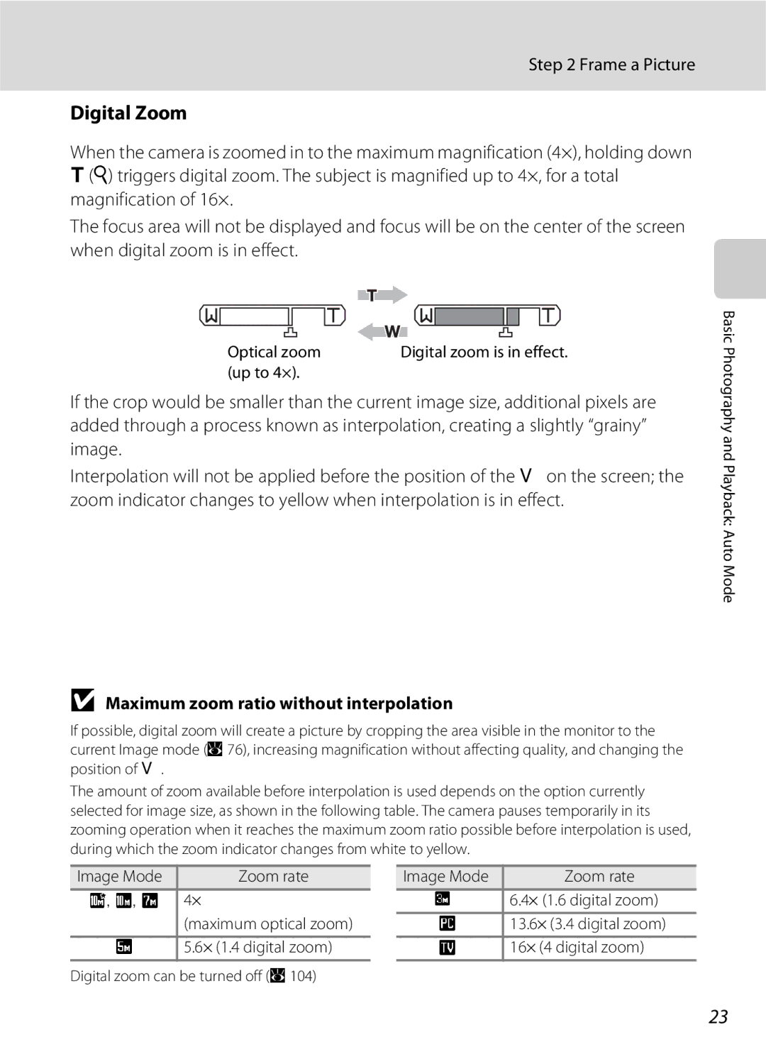 Nikon S600 user manual Digital Zoom, Frame a Picture, Maximum zoom ratio without interpolation 