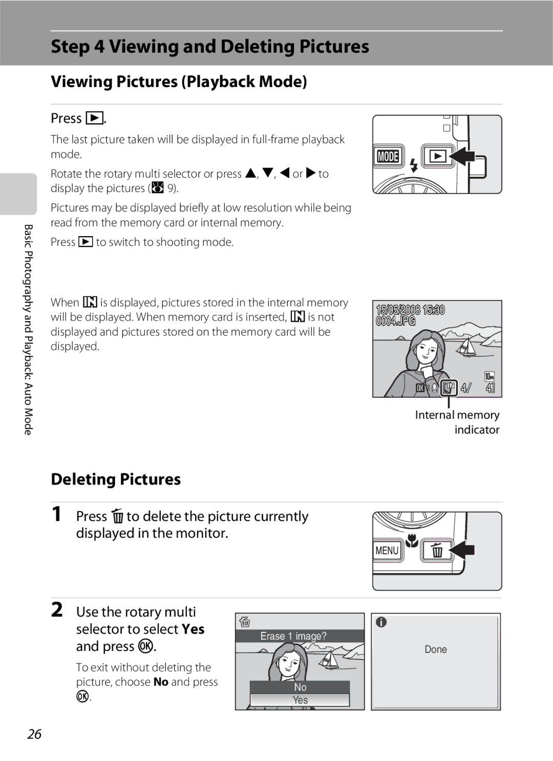 Nikon S600 user manual Viewing and Deleting Pictures, Viewing Pictures Playback Mode, Press c 