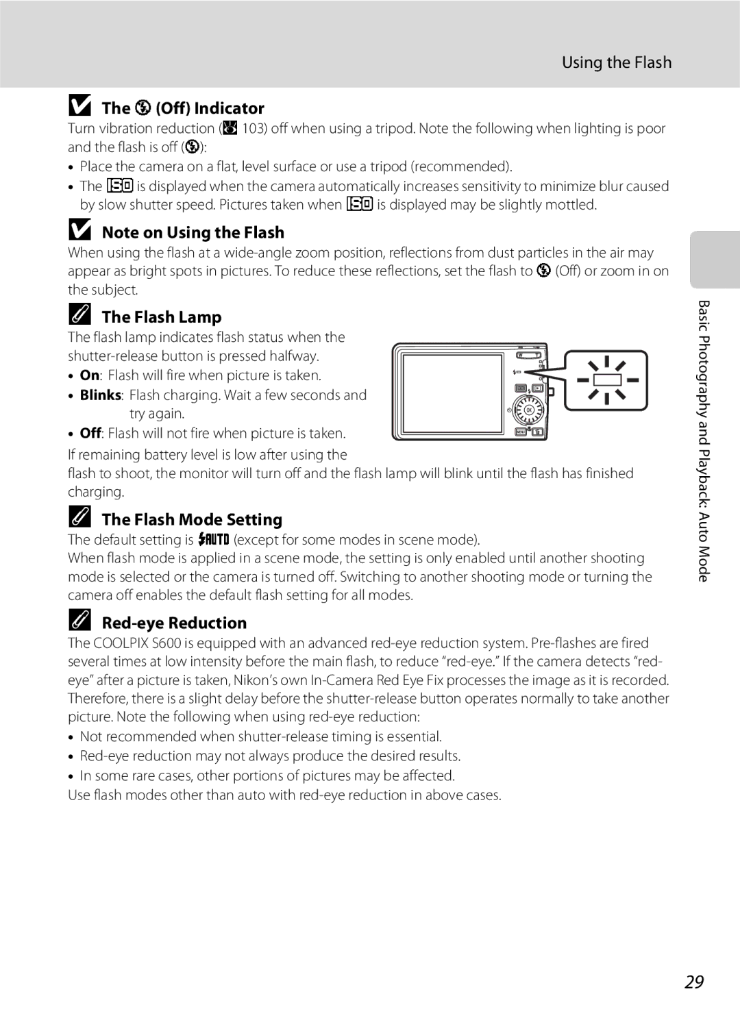 Nikon S600 user manual Using the Flash, W Off Indicator, Flash Lamp, Flash Mode Setting, Red-eye Reduction 