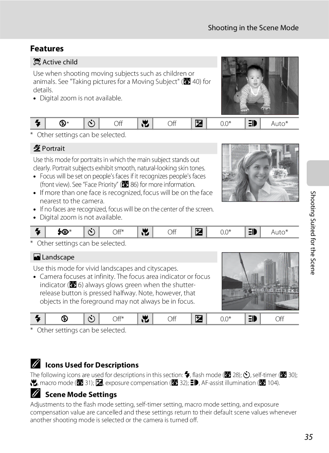 Nikon S600 user manual Features, Shooting in the Scene Mode, Icons Used for Descriptions, Scene Mode Settings 