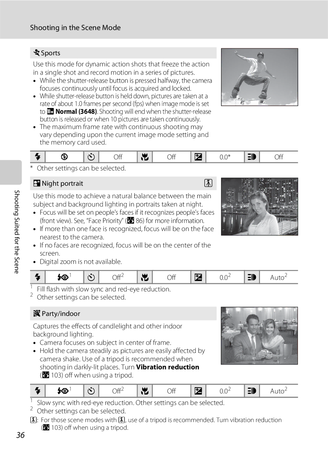 Nikon S600 user manual Sports, Off Other settings can be selected Night portrait 