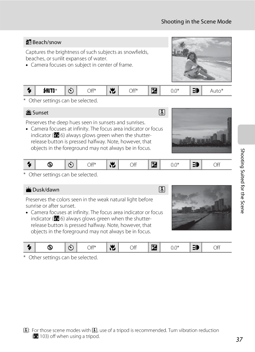 Nikon S600 user manual Beach/snow, Preserves the deep hues seen in sunsets and sunrises 