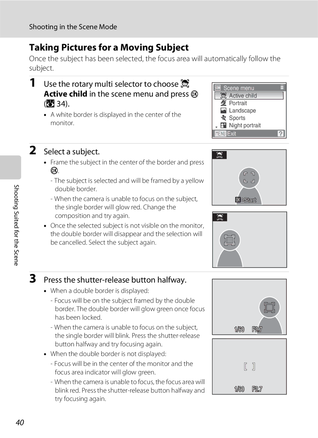 Nikon S600 user manual Taking Pictures for a Moving Subject, Select a subject 