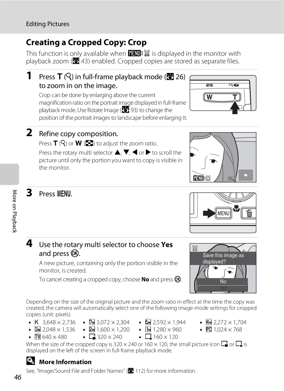 Nikon S600 user manual Creating a Cropped Copy Crop, Refine copy composition 