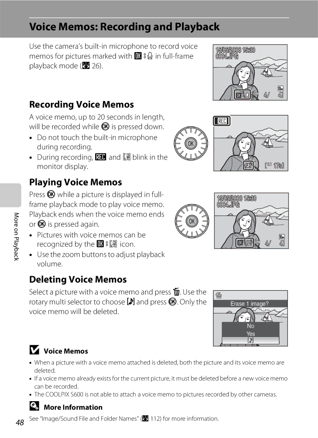 Nikon S600 user manual Voice Memos Recording and Playback, Recording Voice Memos, Playing Voice Memos, Deleting Voice Memos 