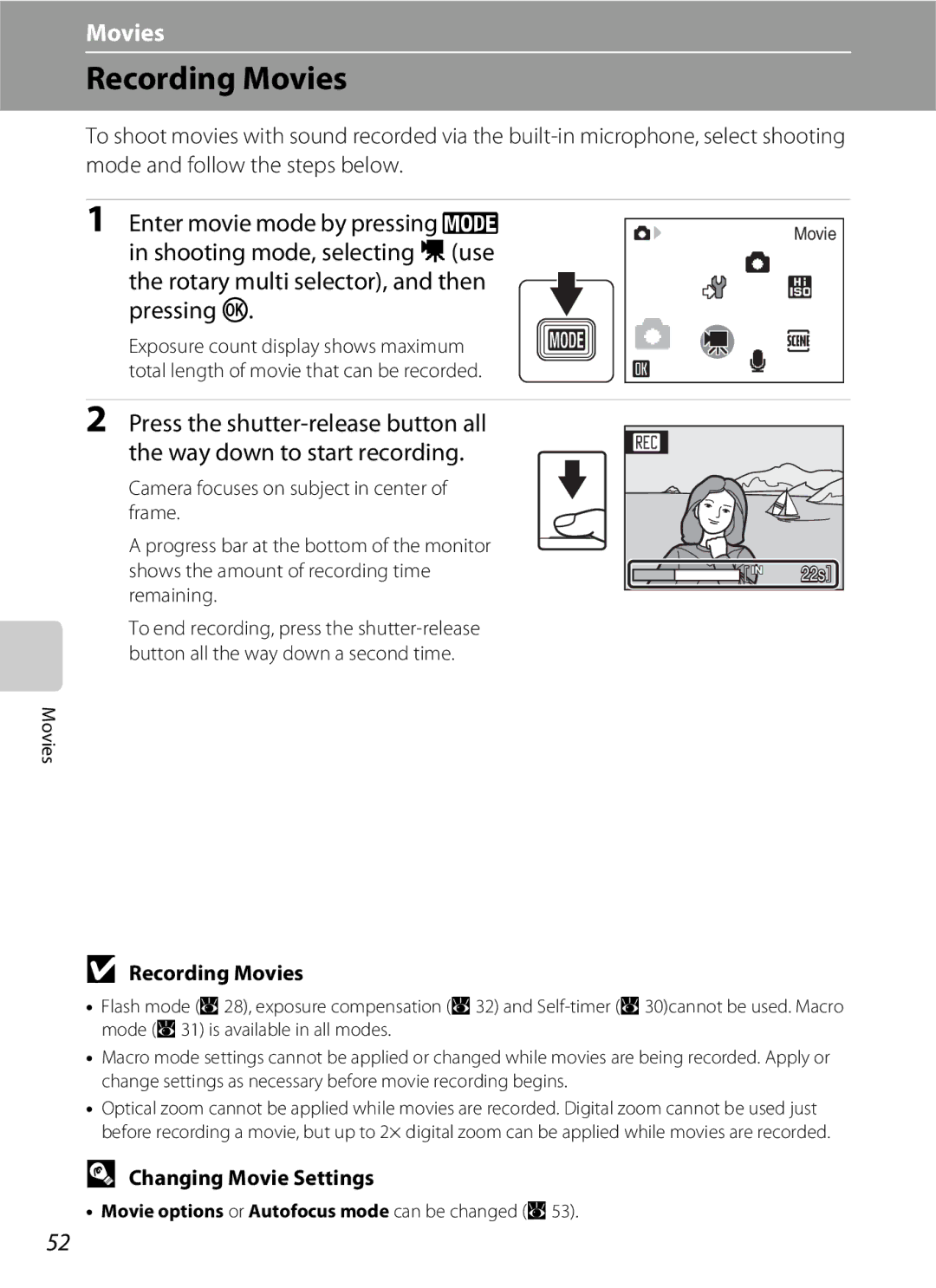 Nikon S600 user manual Recording Movies, Changing Movie Settings 