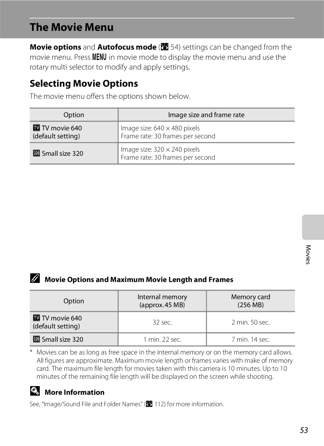 Nikon S600 user manual Movie Menu, Selecting Movie Options, Movie menu offers the options shown below 