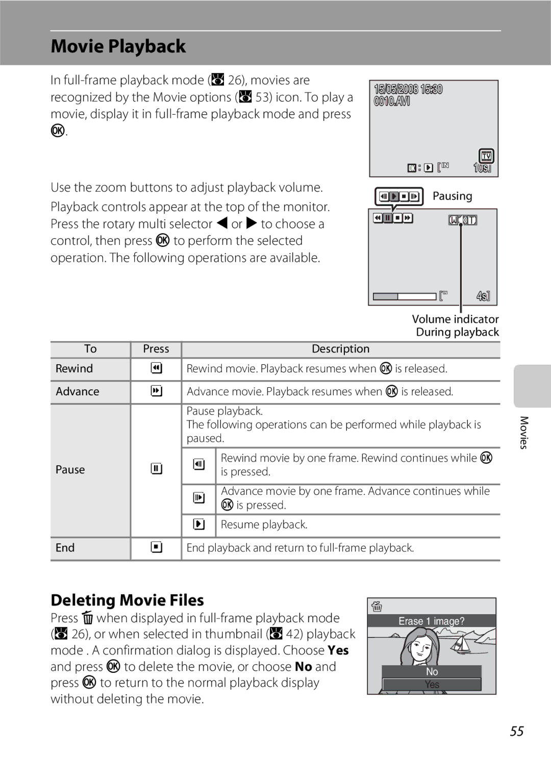 Nikon S600 user manual Movie Playback, Deleting Movie Files, Full-frame playback mode a 26, movies are 