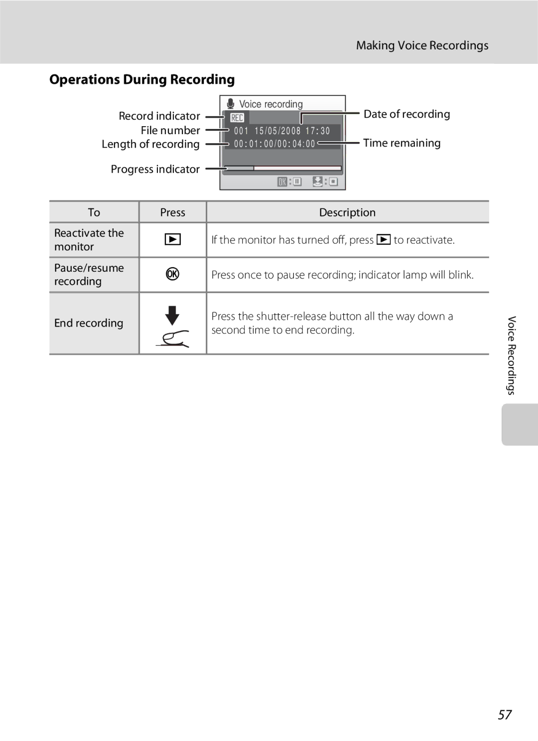 Nikon S600 Operations During Recording, Making Voice Recordings, Recording End recording, Second time to end recording 