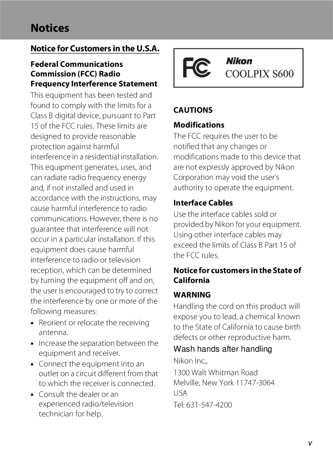 Nikon S600 user manual Modifications, Interface Cables, Nikon Inc Walt Whitman Road Melville, New York, Tel 