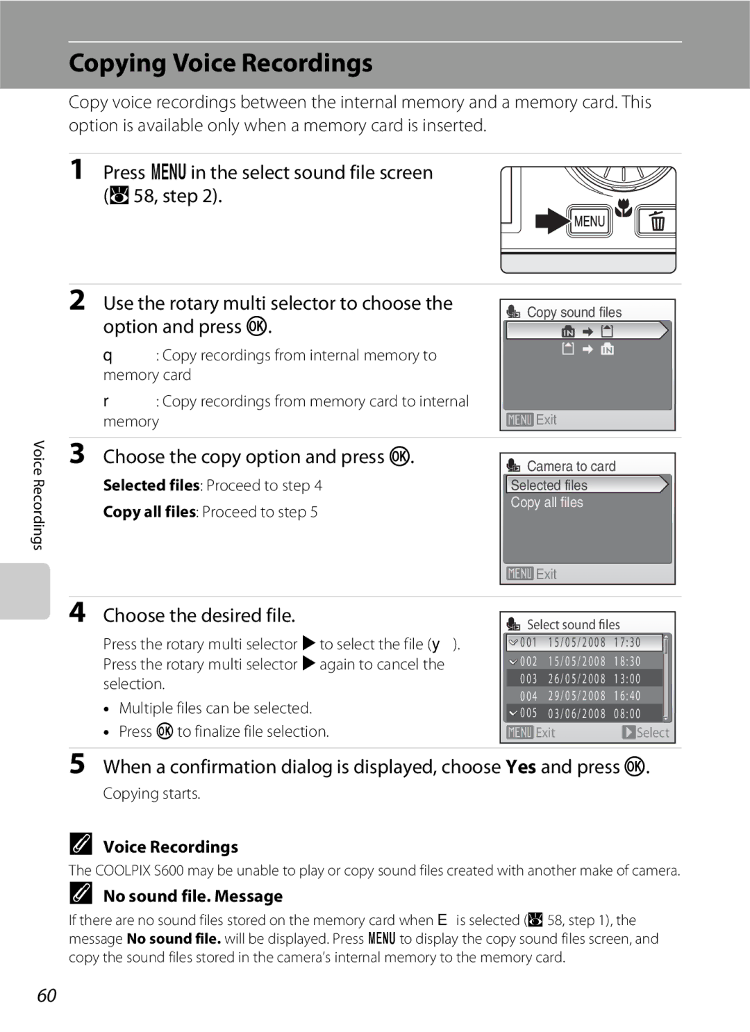 Nikon S600 Copying Voice Recordings, Choose the copy option and press k, Choose the desired file, No sound file. Message 