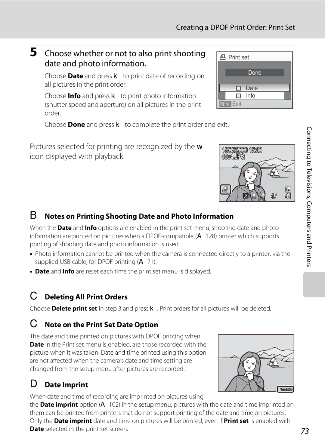 Nikon S600 user manual Creating a Dpof Print Order Print Set, Deleting All Print Orders, Date Imprint 