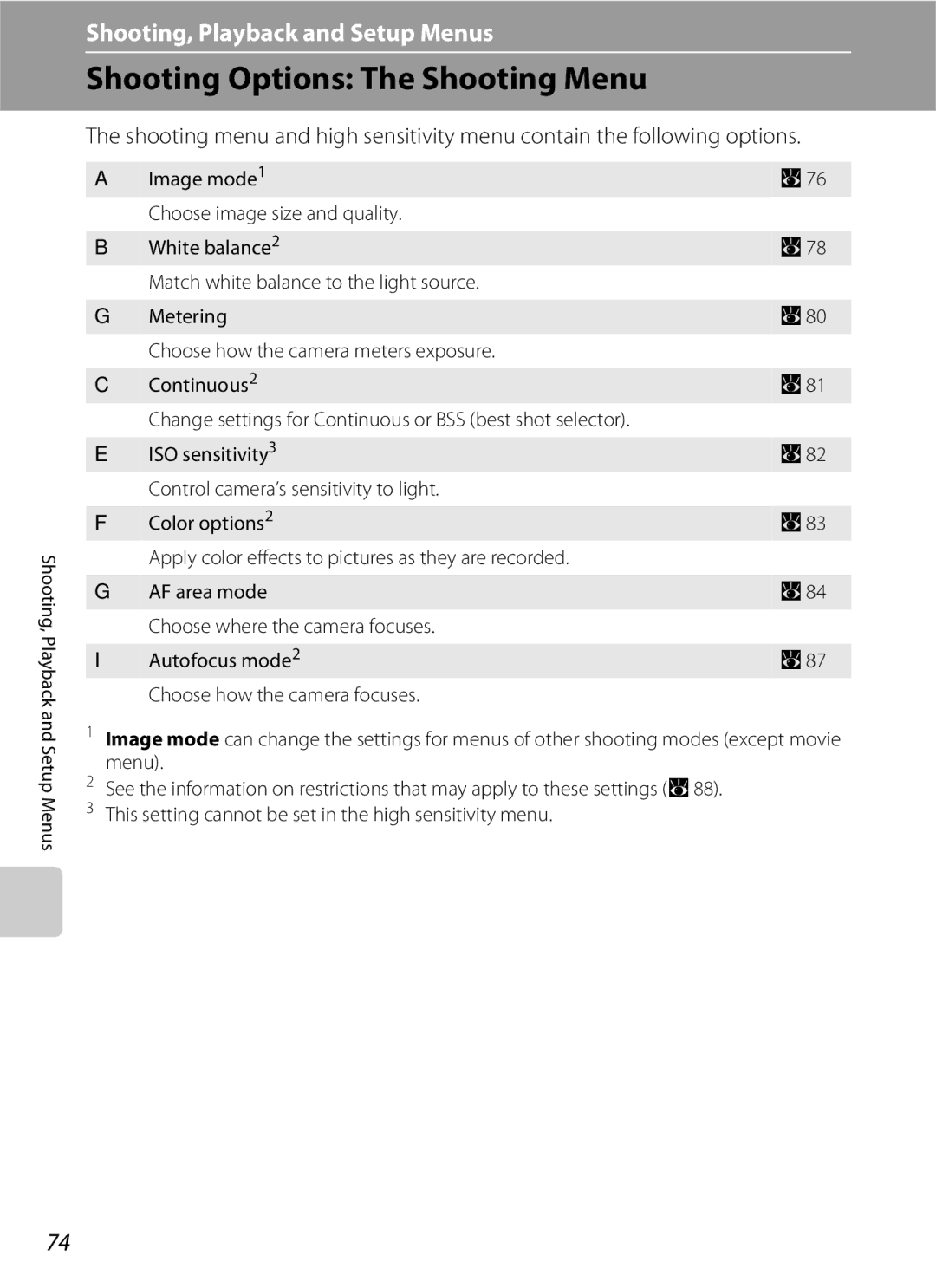 Nikon S600 user manual Shooting Options The Shooting Menu 