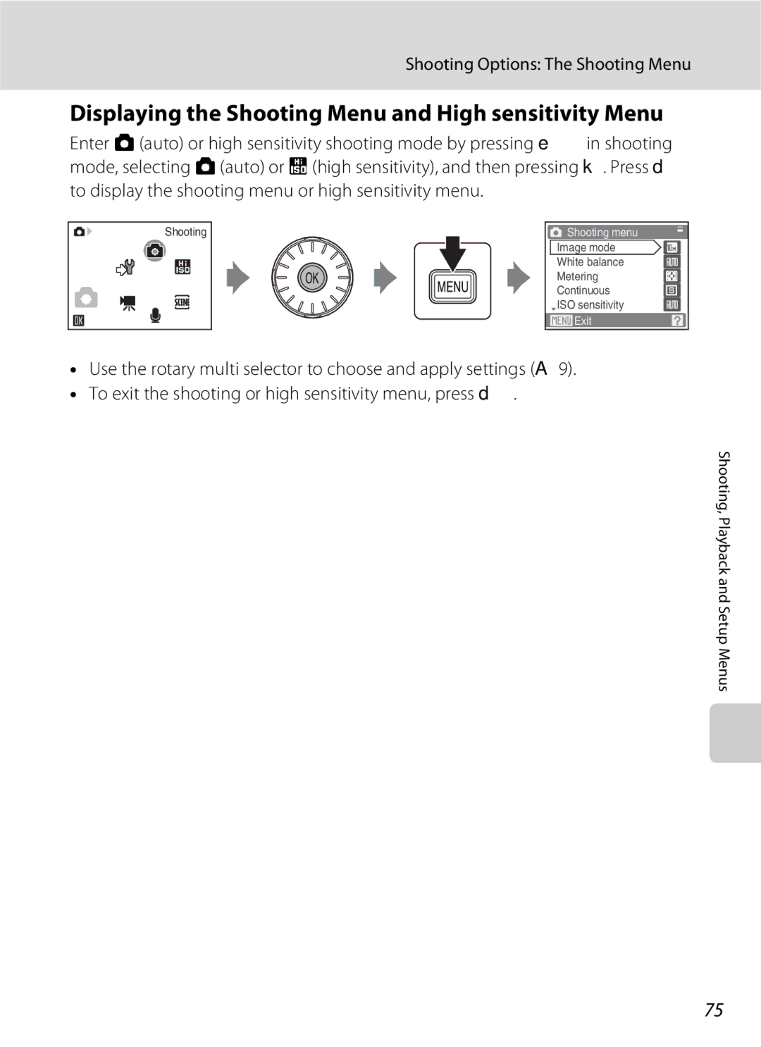 Nikon S600 user manual Displaying the Shooting Menu and High sensitivity Menu, Shooting Options The Shooting Menu 