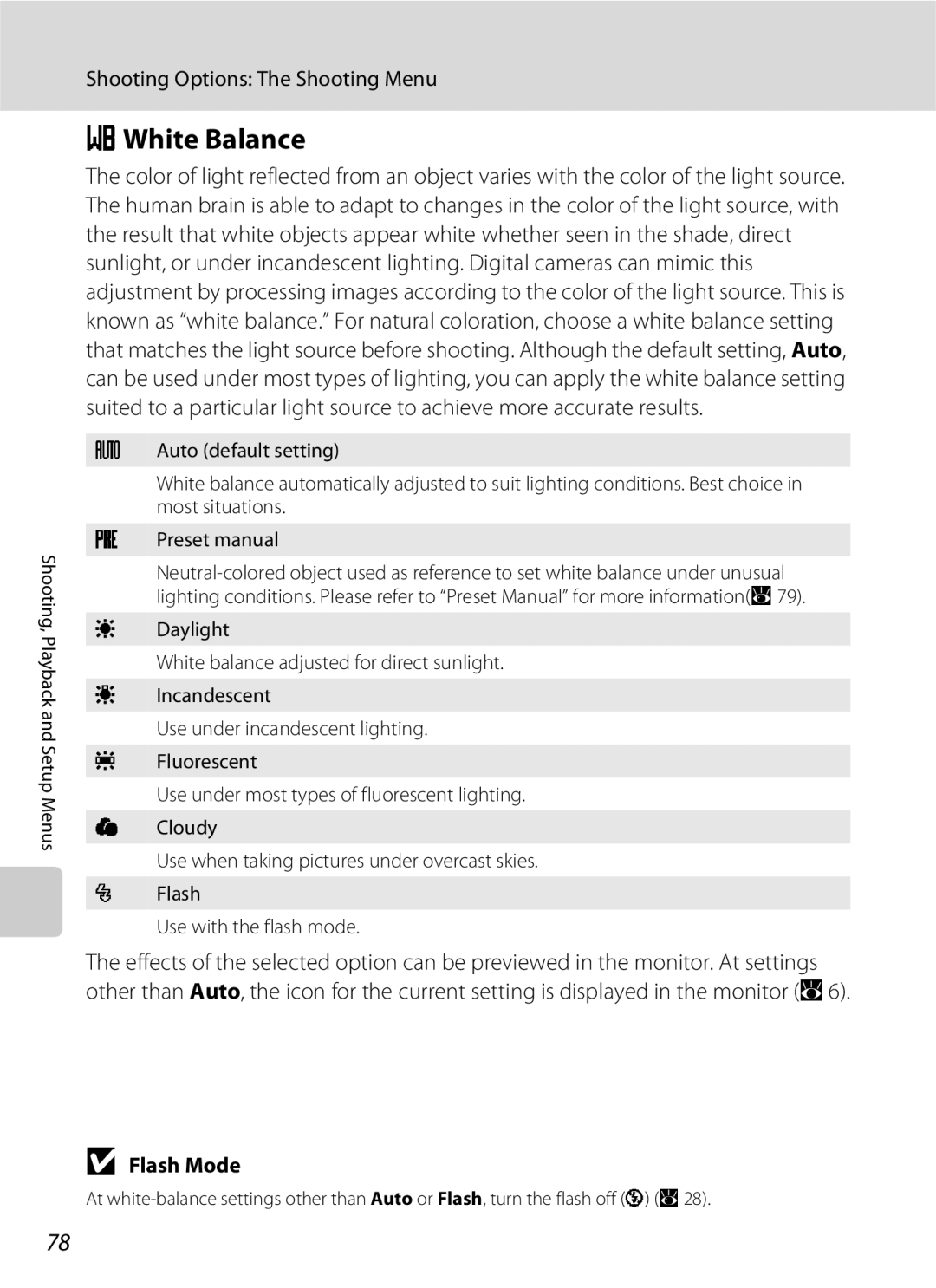 Nikon S600 user manual BWhite Balance, Flash Mode 