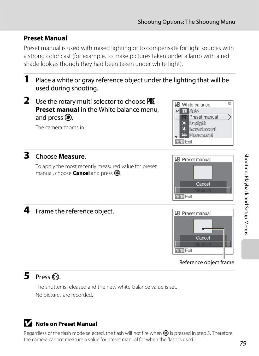 Nikon S600 user manual Preset Manual, Choose Measure, Frame the reference object, Camera zooms, Reference object frame 