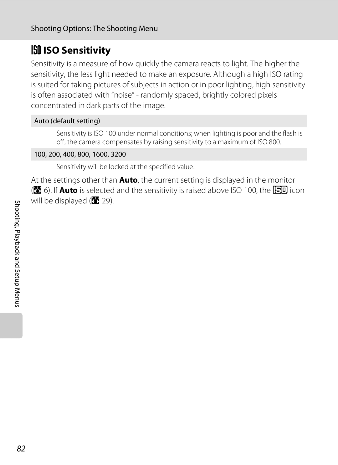 Nikon S600 user manual Eiso Sensitivity, Auto default setting 