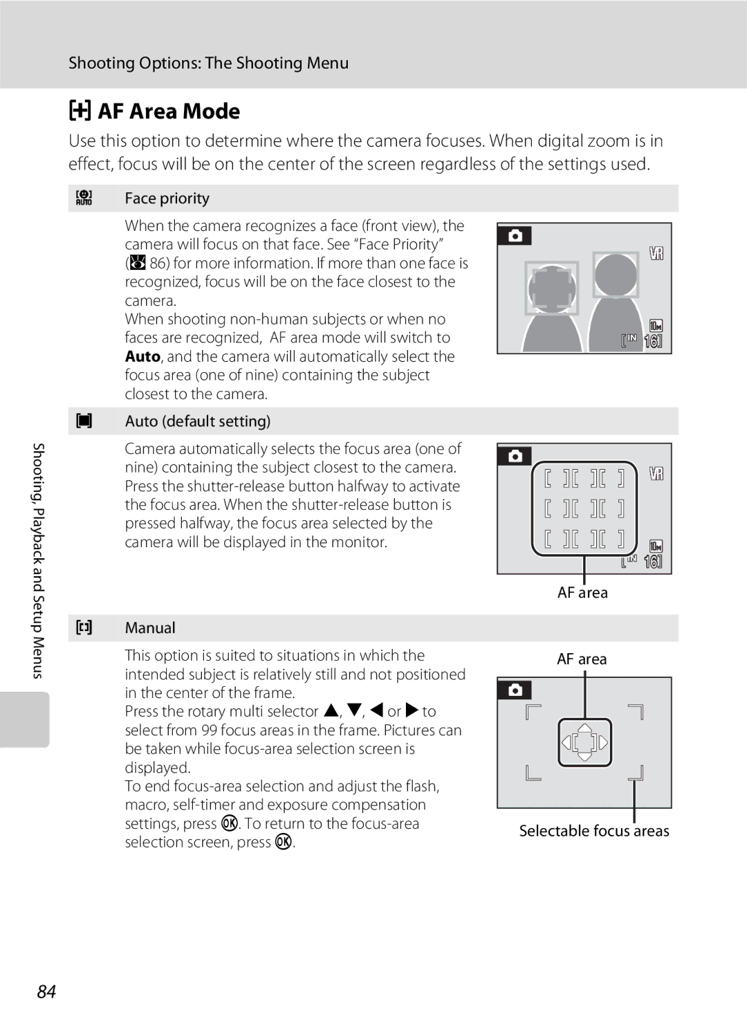 Nikon S600 AF Area Mode, Face priority, Camera When shooting non-human subjects or when no, AF area Selectable focus areas 