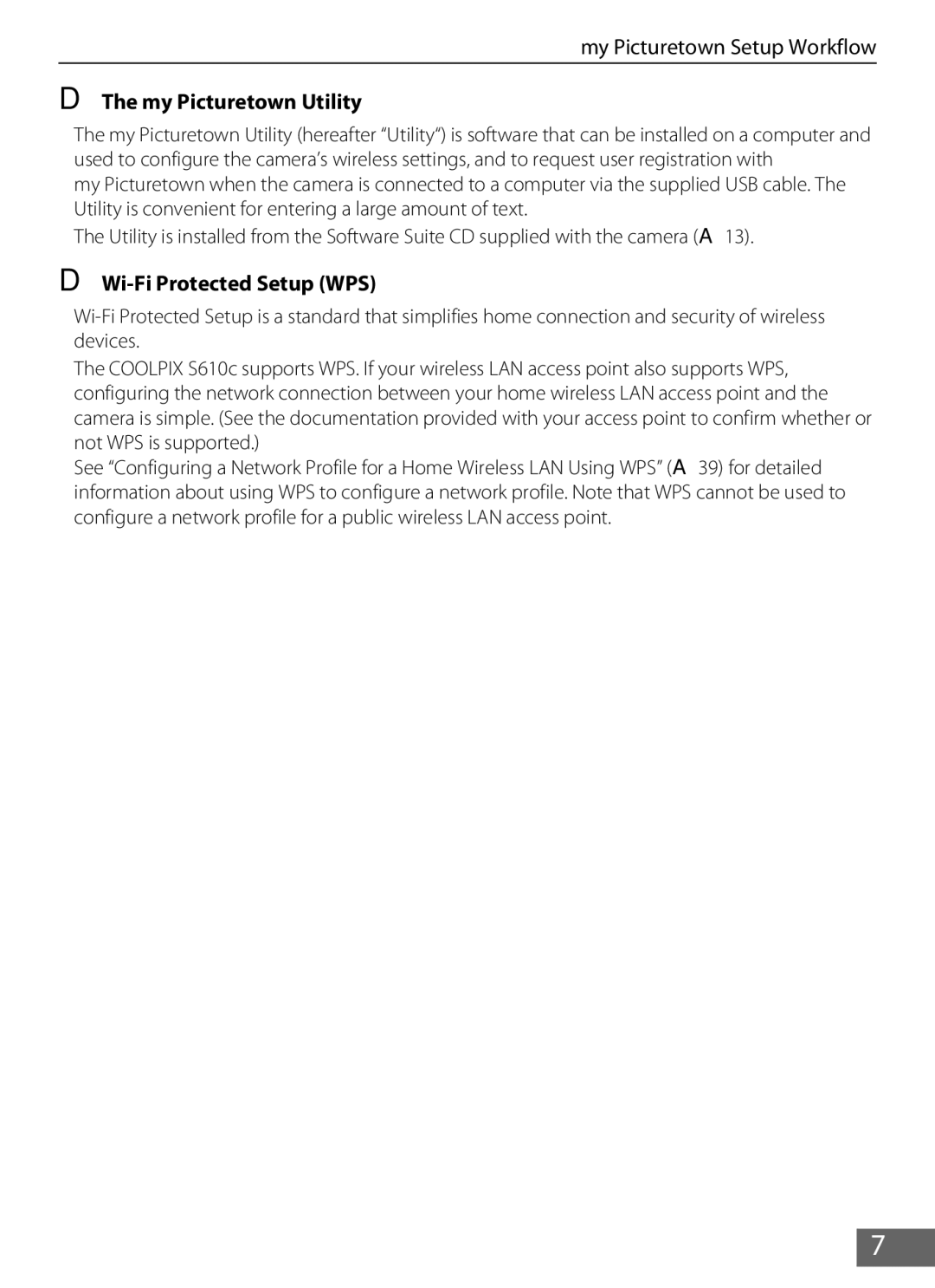 Nikon S610c manual My Picturetown Utility, Wi-Fi Protected Setup WPS 