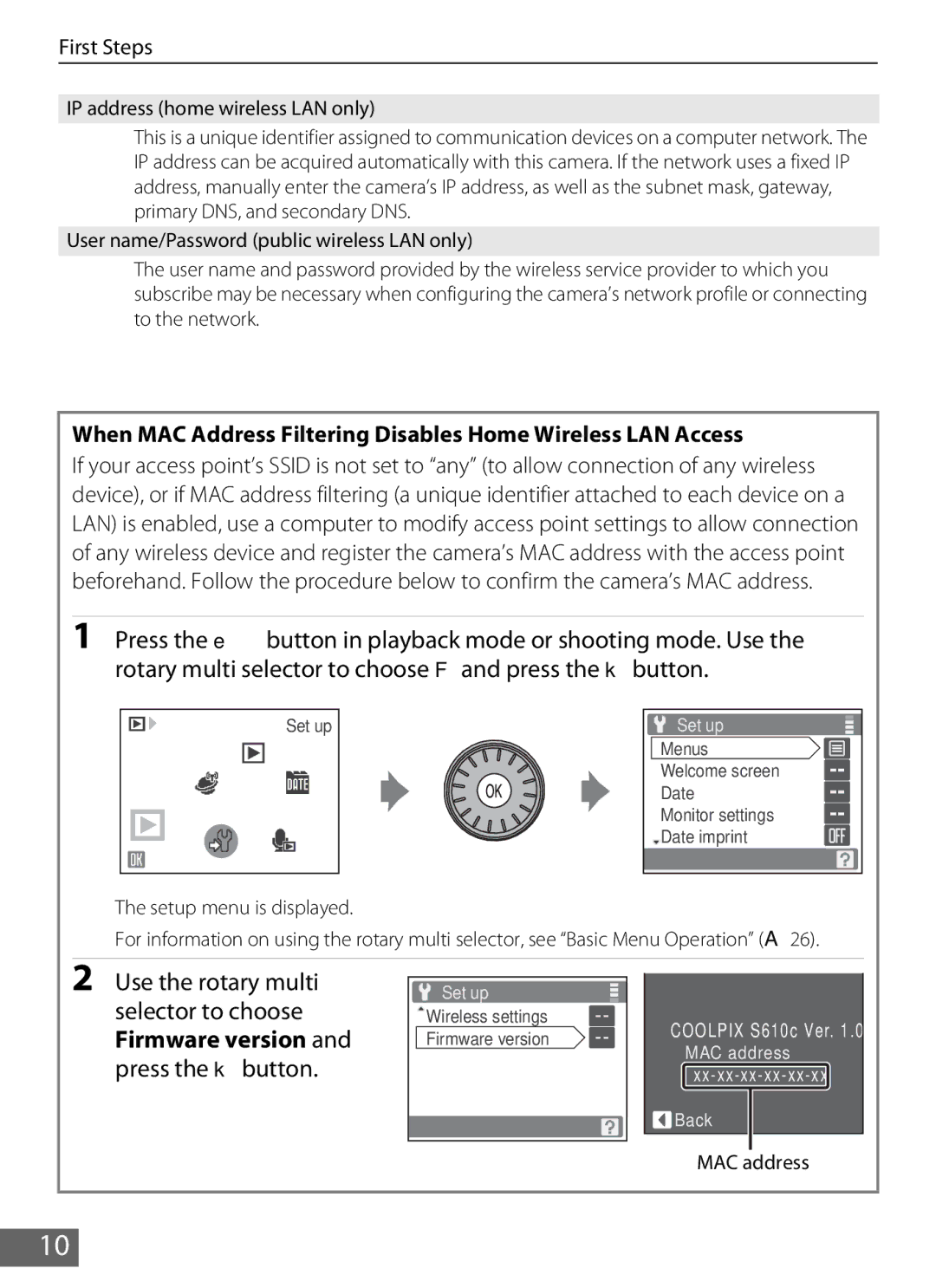 Nikon S610c manual IP address home wireless LAN only, MAC address 