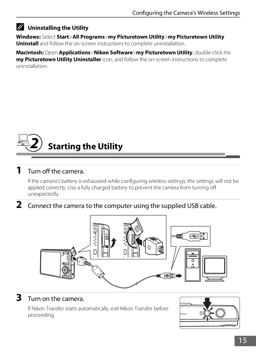 Nikon S610c manual LStarting the Utility, Turn off the camera, Uninstalling the Utility 