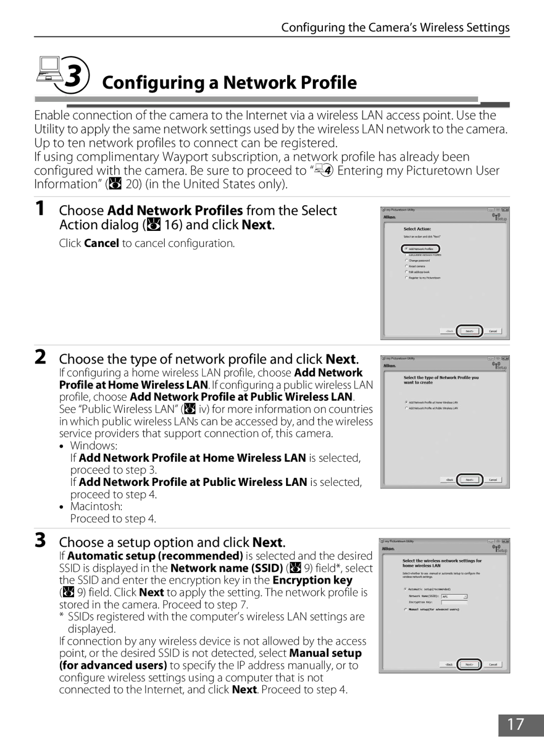 Nikon S610c manual MConfiguring a Network Profile, Choose the type of network profile and click Next, Windows 