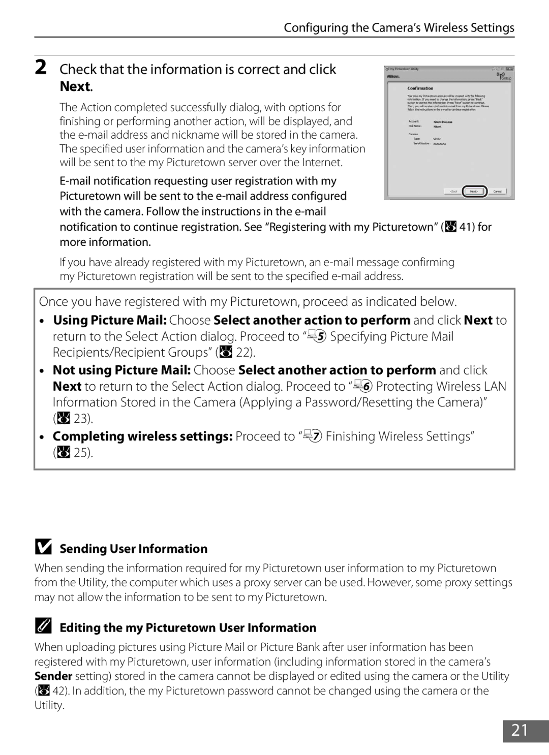 Nikon S610c manual Check that the information is correct and click Next, Editing the my Picturetown User Information 