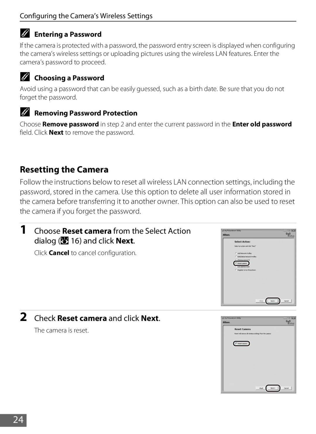 Nikon S610c manual Resetting the Camera, Check Reset camera and click Next, Entering a Password, Choosing a Password 