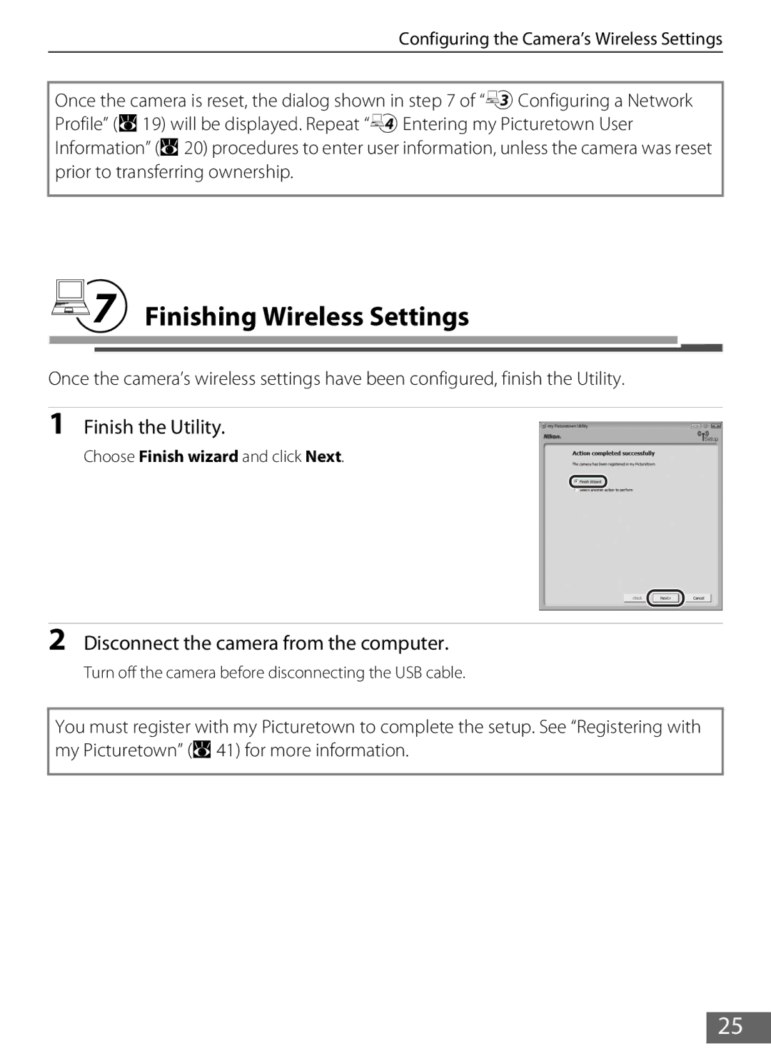 Nikon S610c manual QFinishing Wireless Settings, Finish the Utility, Disconnect the camera from the computer 