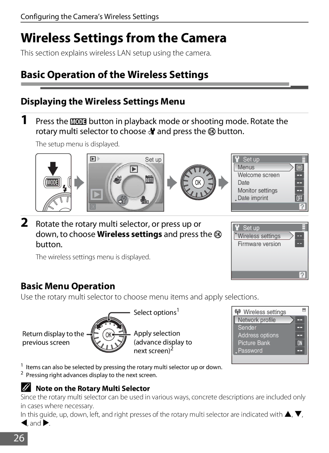 Nikon S610c manual Wireless Settings from the Camera, Displaying the Wireless Settings Menu, Basic Menu Operation 