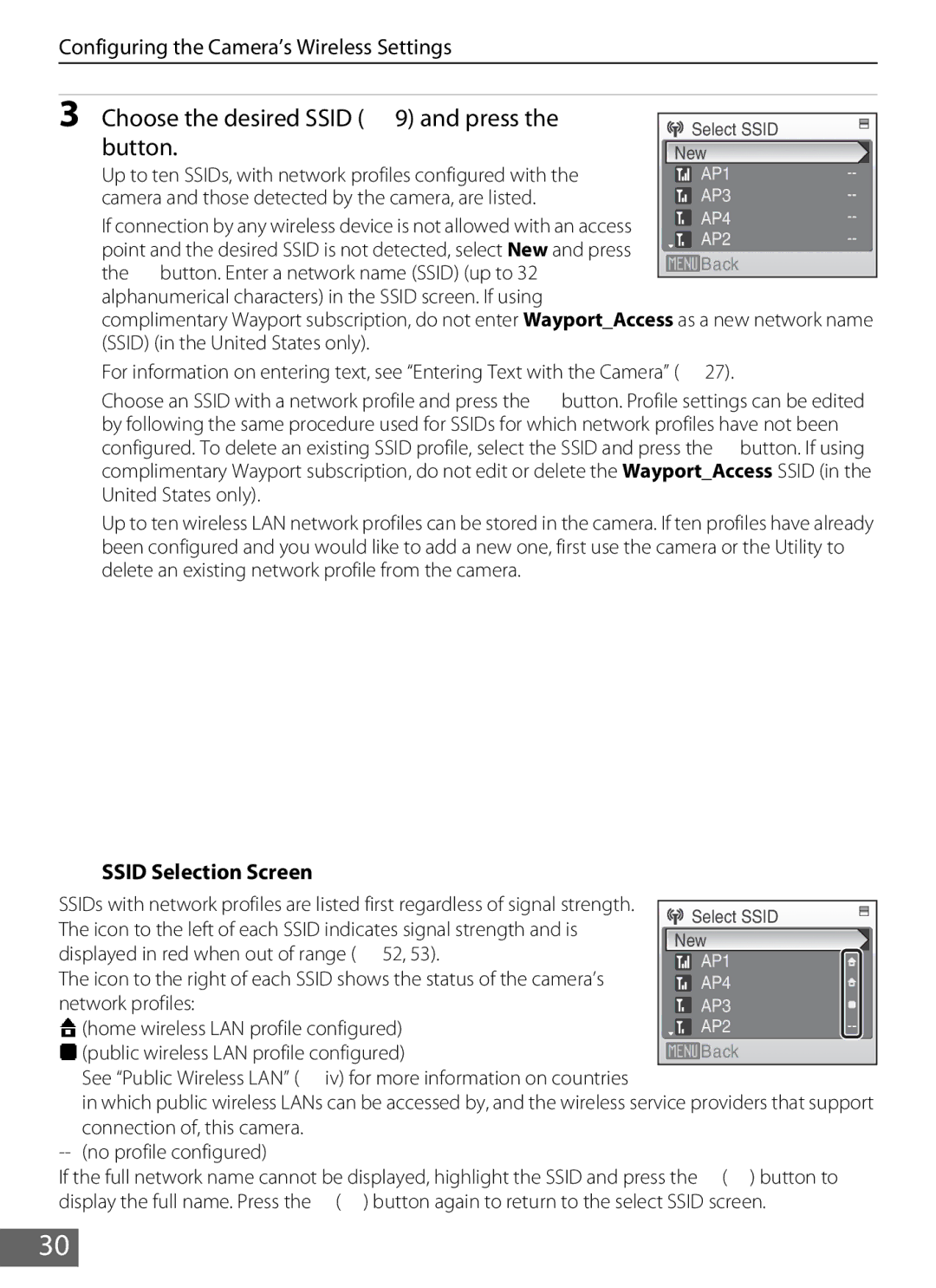 Nikon S610c manual Choose the desired Ssid A9 and press the k button, Ssid Selection Screen 