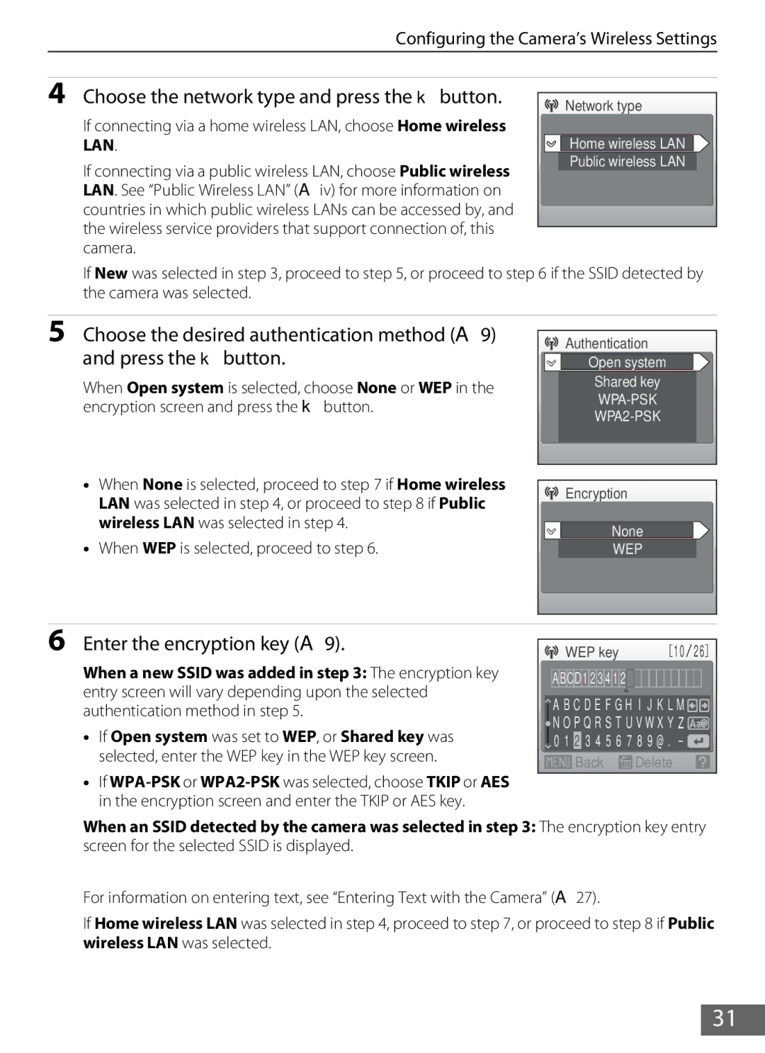Nikon S610c manual Choose the network type and press the k button, Enter the encryption key A9 