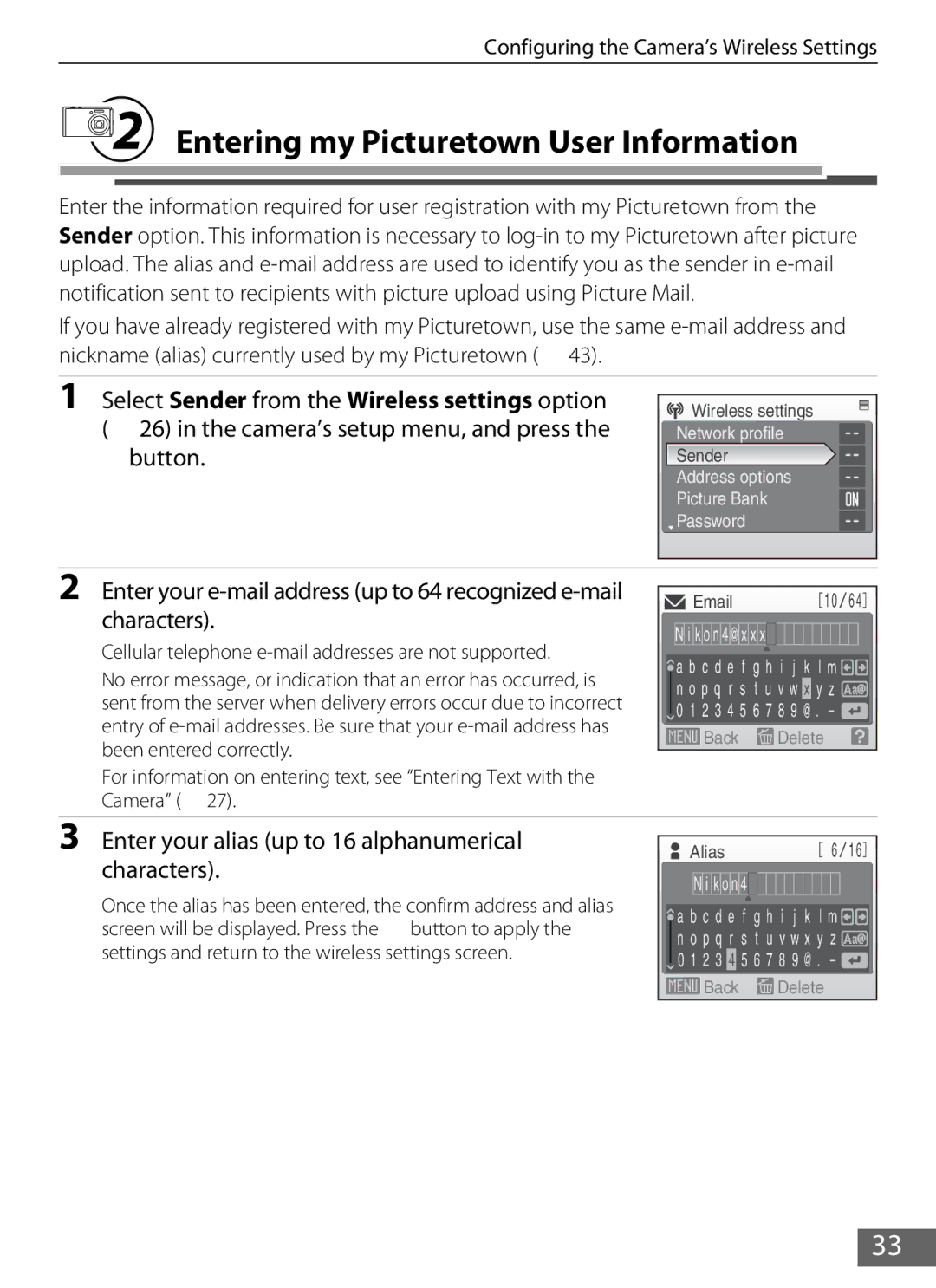 Nikon S610c manual BEntering my Picturetown User Information, Button, Characters 