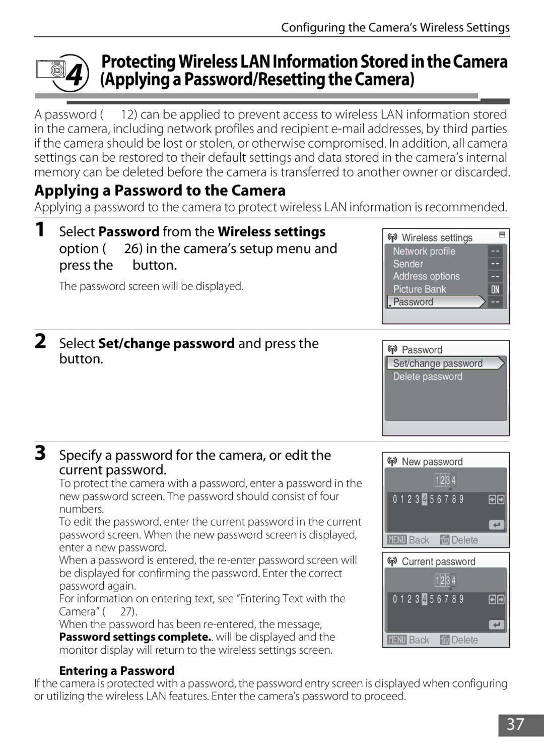 Nikon S610c manual Specify a password for the camera, or edit Current password, Password screen will be displayed 