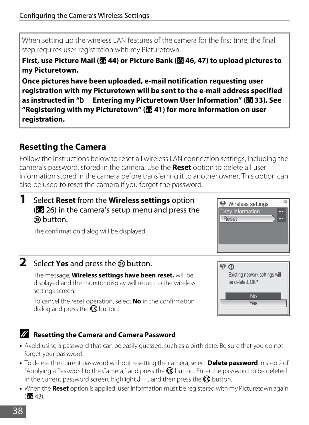 Nikon S610c manual Select Yes and press the k button, Resetting the Camera and Camera Password 