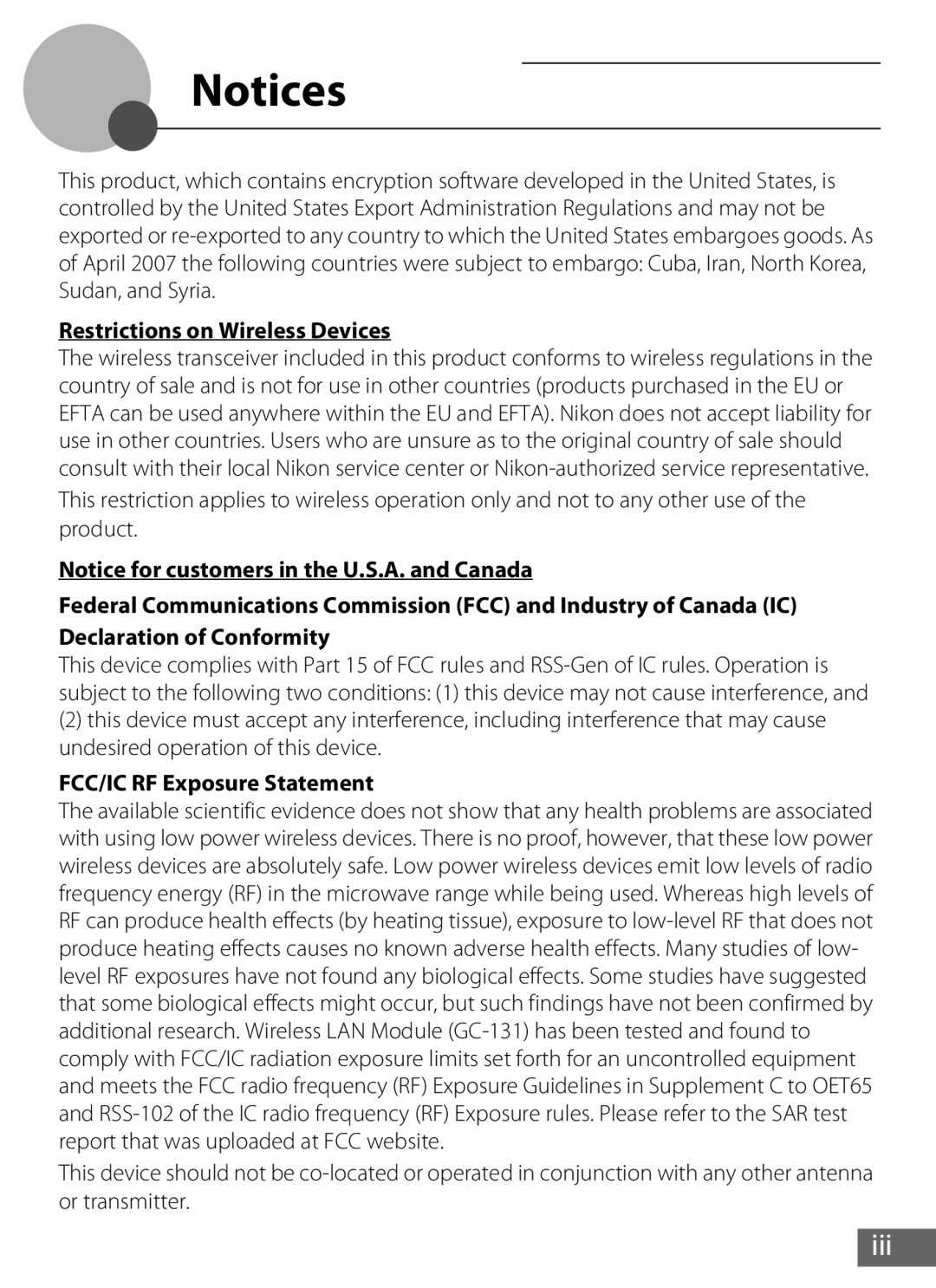 Nikon S610c manual Restrictions on Wireless Devices, FCC/IC RF Exposure Statement 