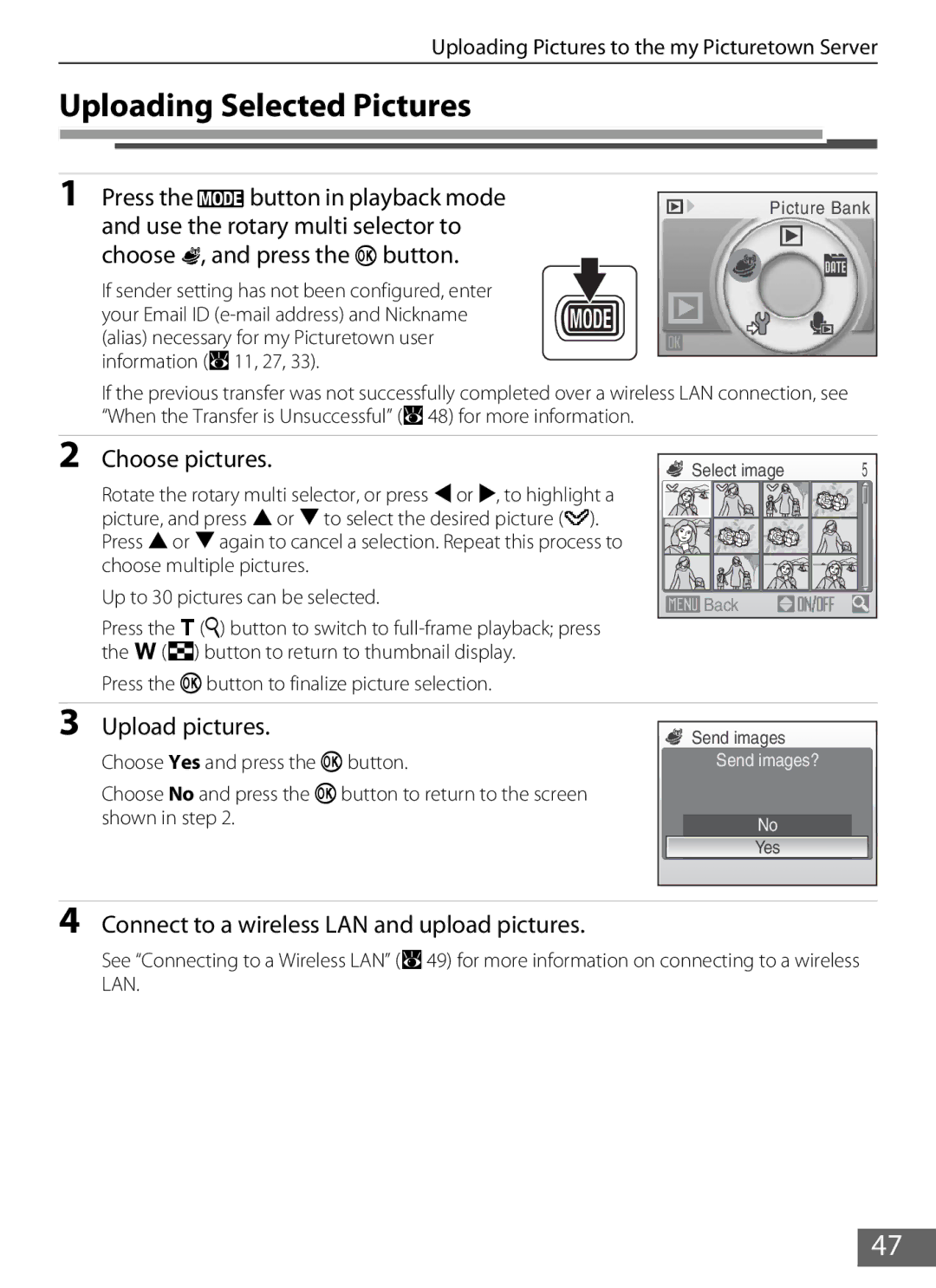 Nikon S610c manual Uploading Selected Pictures, Press the ebutton in playback mode, Choose pictures, Upload pictures 