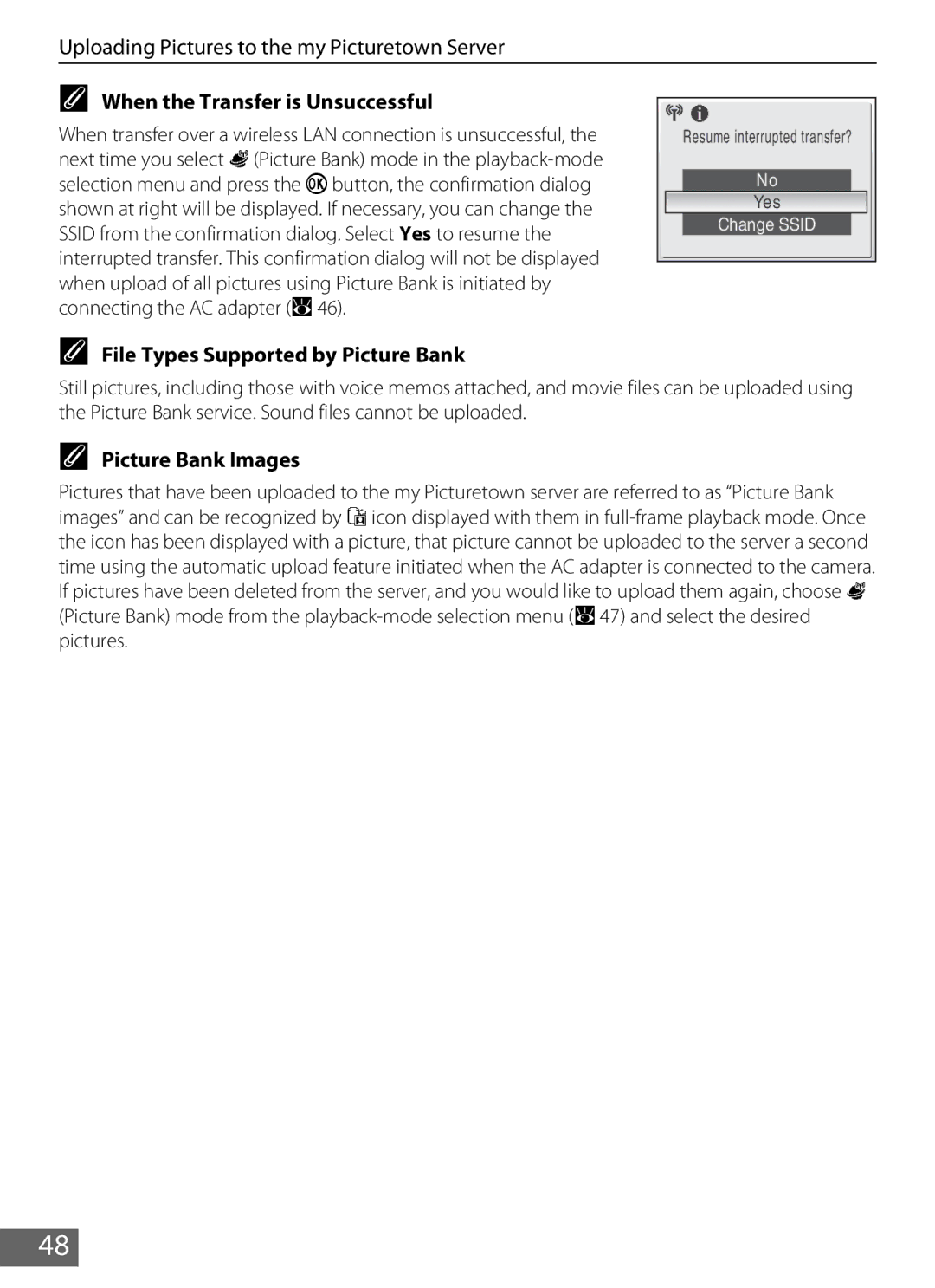 Nikon S610c manual When the Transfer is Unsuccessful, File Types Supported by Picture Bank, Picture Bank Images 