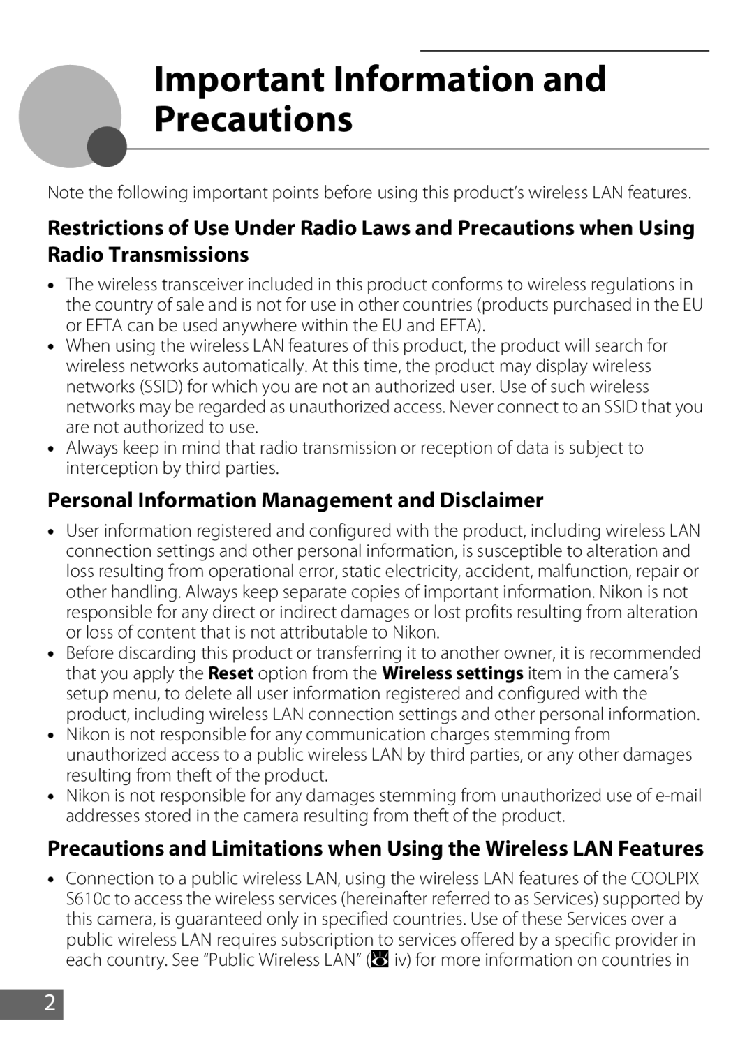 Nikon S610c manual Important Information Precautions, Personal Information Management and Disclaimer 