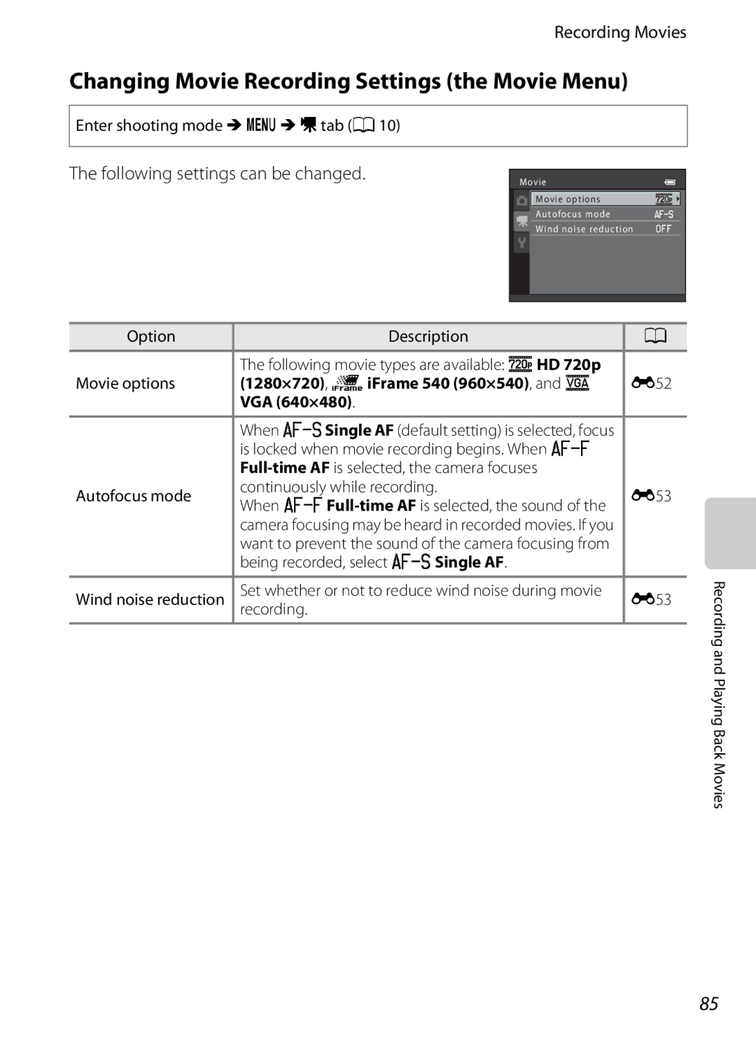 Nikon COOLPIXS6200RED Changing Movie Recording Settings the Movie Menu, Following settings can be changed, VGA 640×480 