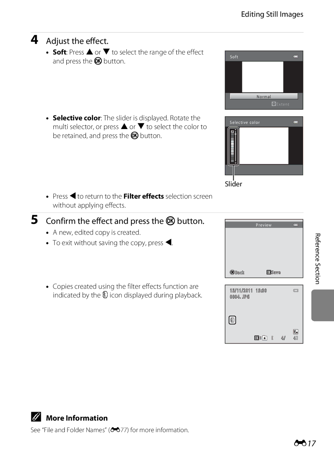 Nikon 26277, COOLPIXS6200RED, COOLPIXS6200BK manual Adjust the effect, Confirm the effect and press the kbutton, E17 