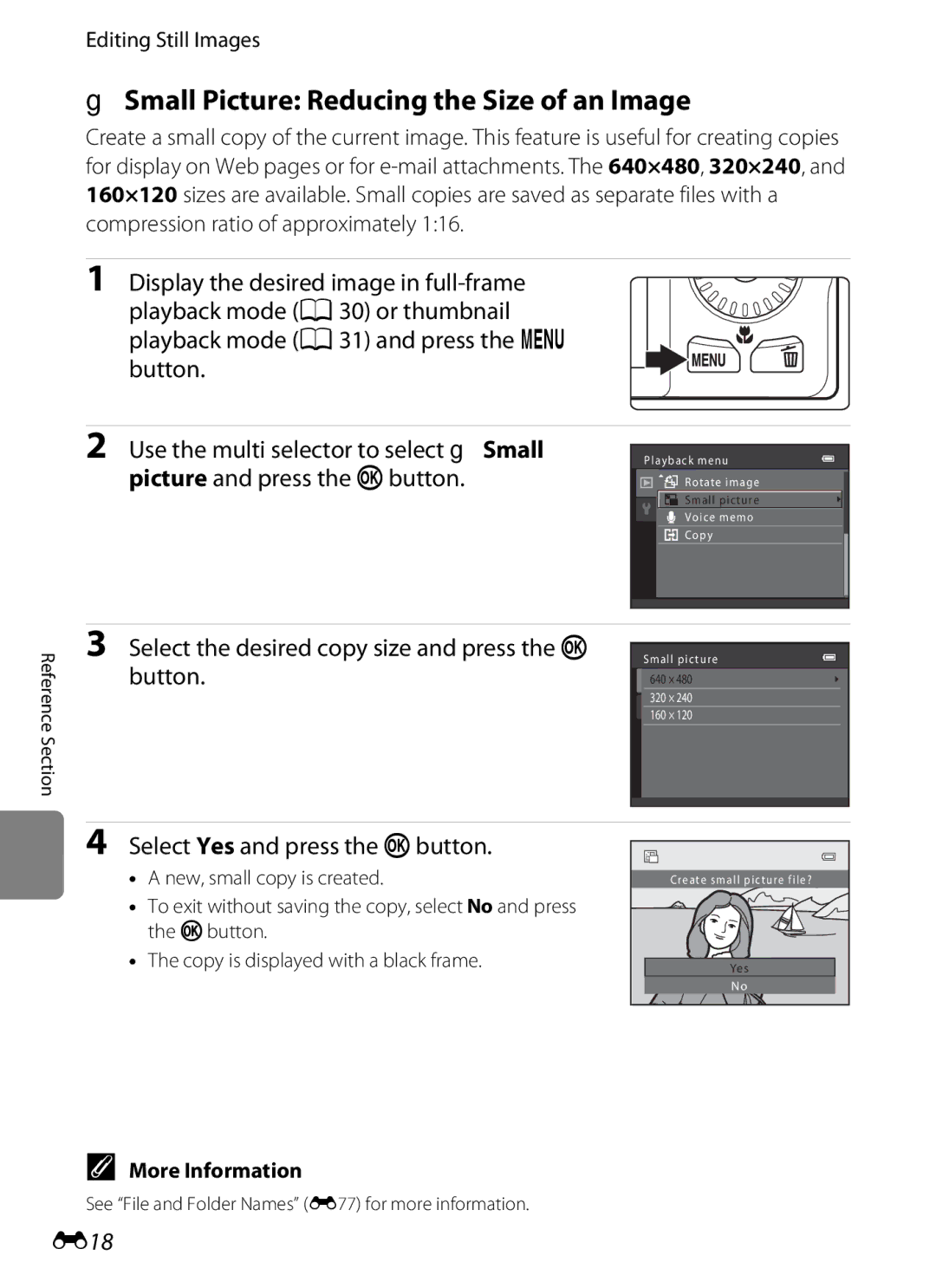 Nikon COOLPIXS6200RED, 26277 manual GSmall Picture Reducing the Size of an Image, Select Yes and press the kbutton, E18 