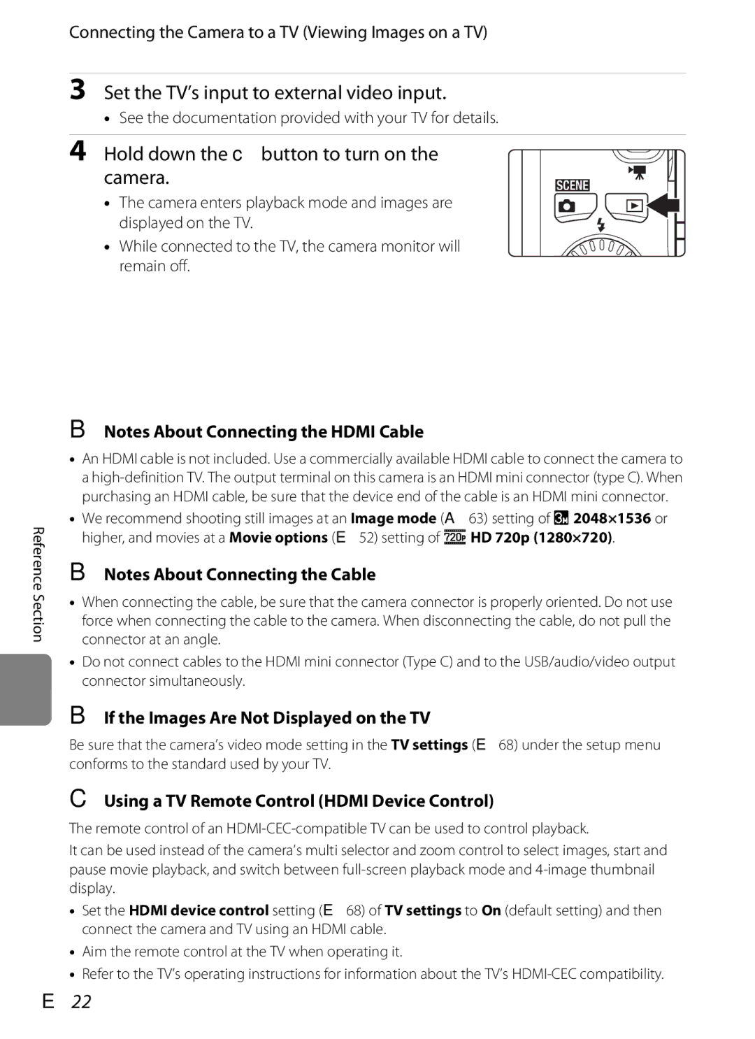 Nikon COOLPIXS6200RED, 26277 Set the TV’s input to external video input, Hold down the cbutton to turn on Camera, E22 