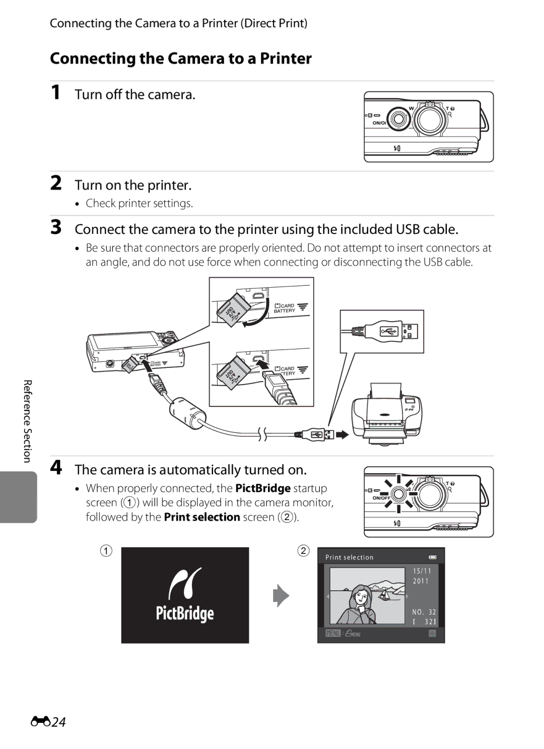 Nikon COOLPIXS6200BK, COOLPIXS6200RED, 26277 manual Connecting the Camera to a Printer, Turn off the camera, E24 