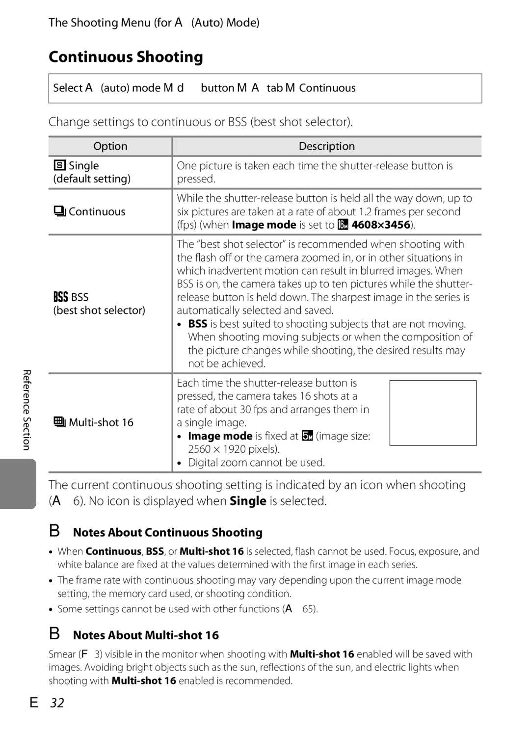 Nikon COOLPIXS6200BK, COOLPIXS6200RED Continuous Shooting, E32, Change settings to continuous or BSS best shot selector 