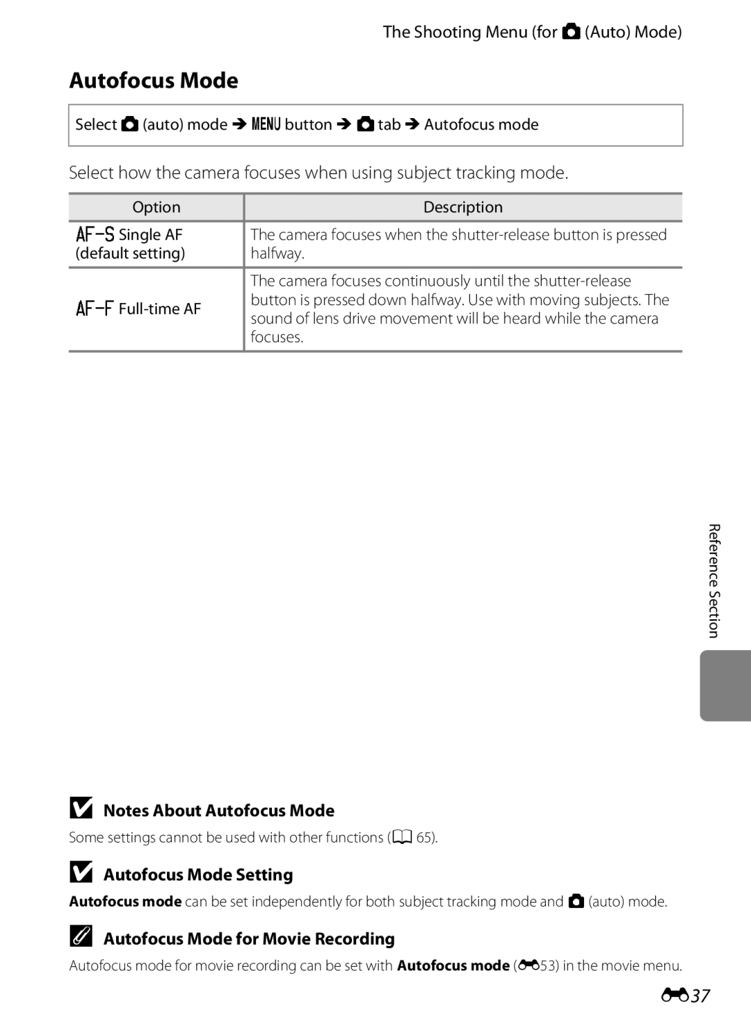 Nikon 26277, COOLPIXS6200RED, COOLPIXS6200BK manual E37, Autofocus Mode Setting, Autofocus Mode for Movie Recording 