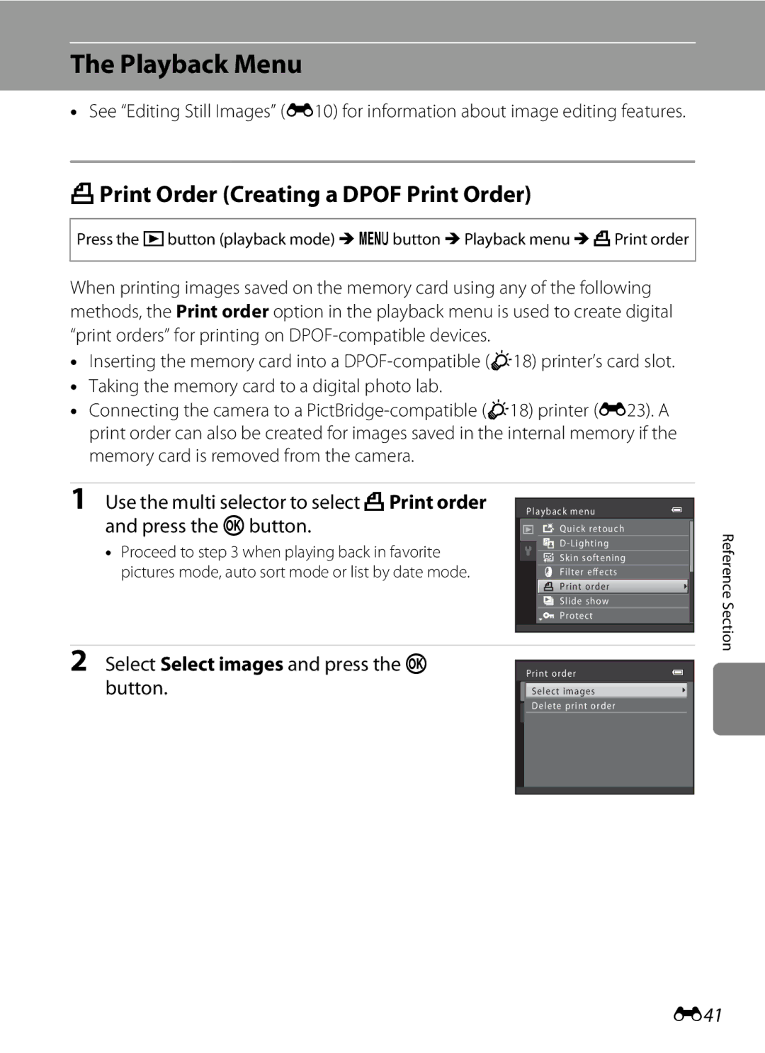 Nikon 26277, S6200 manual Playback Menu, APrint Order Creating a Dpof Print Order, Select Select images and press the k, E41 